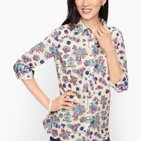 Talbots Classic Cotton Shirt Blossom Paisley Size Medium Petite NWT - Picture 1 of 16